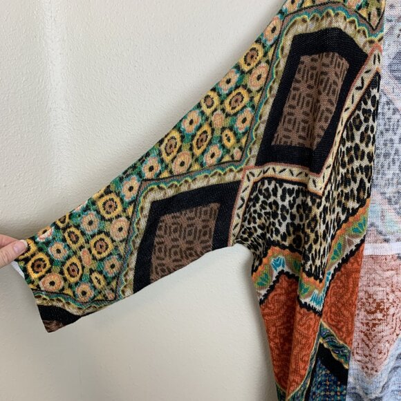 Chicos Womens 2 Large 3/4 Sleeve Cardigan Sweater Open Peacock Print Boho Rayon - Picture 5 of 15